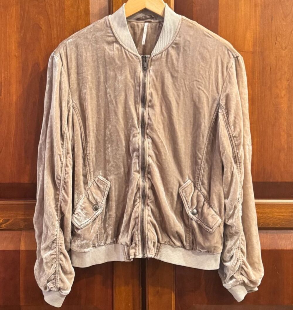 Free People Ruched Velvet Bomber Jacket Taupe Beige Boho Medium - Picture 2 of 16